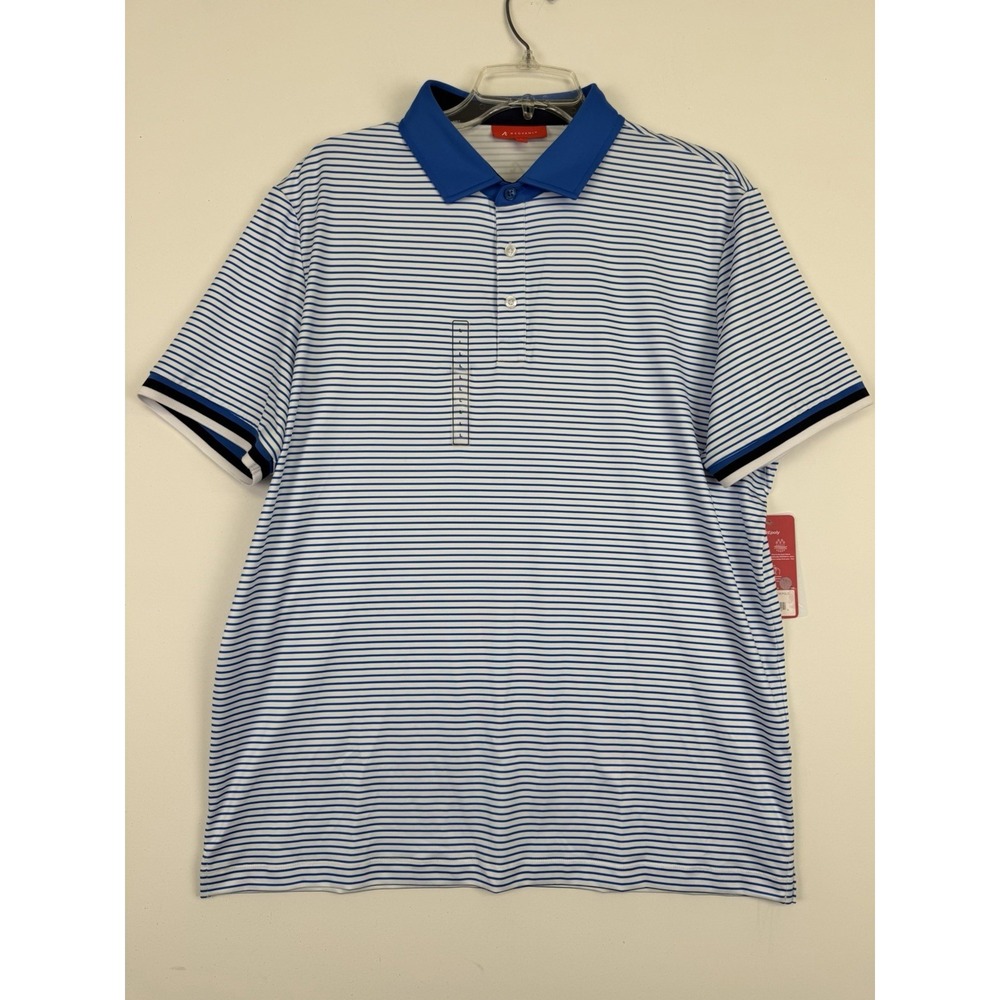 NWT Redvanly Men's Marine Blue Striped Golf Performance Stretch Polo Shirt Large